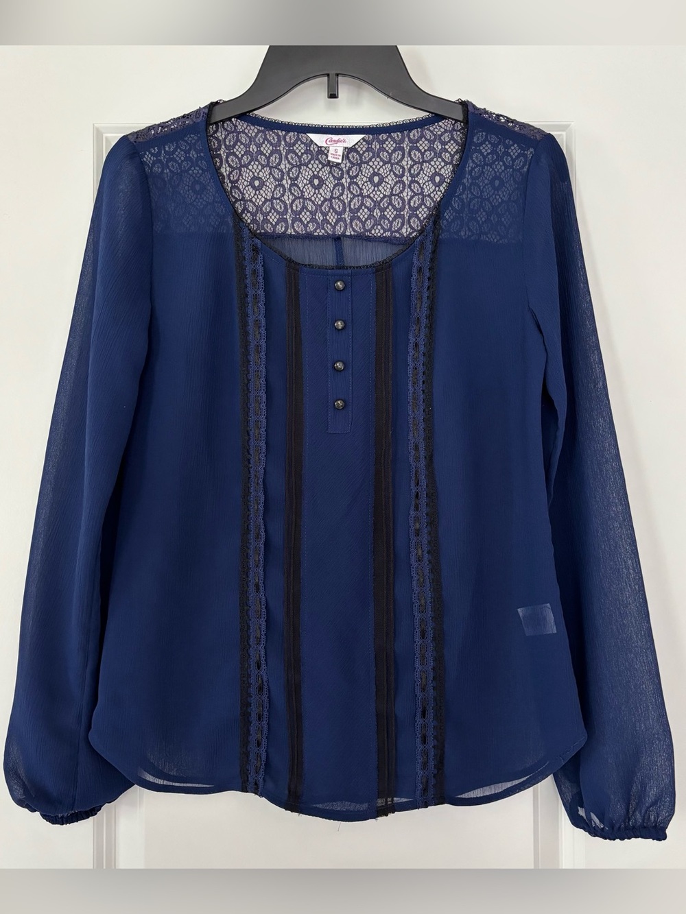 Candie's Navy Lace-Yoke Long Sleeve Blouse